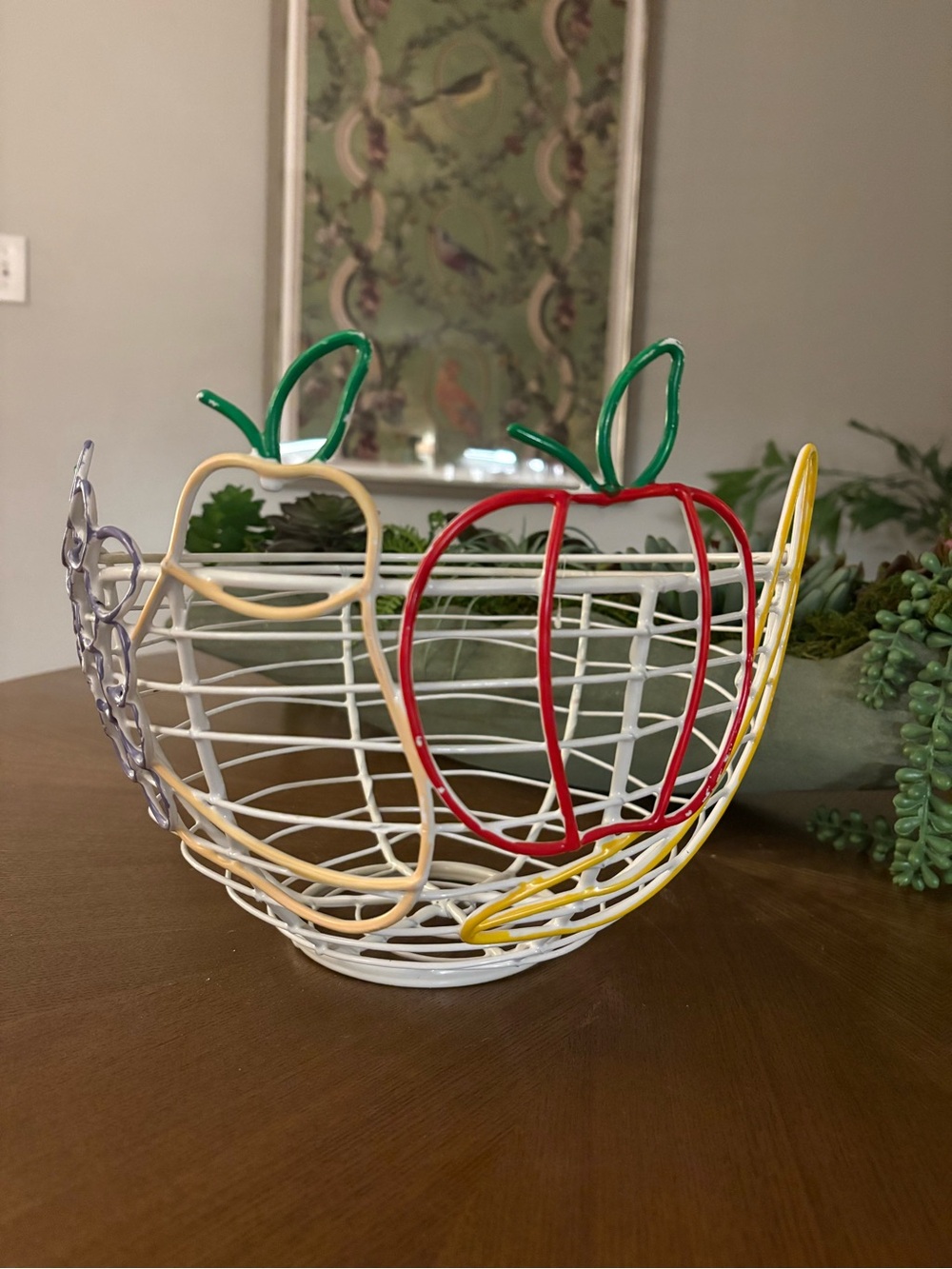 Decorative White Wire Fruit Basket with Colorful Apple Accents